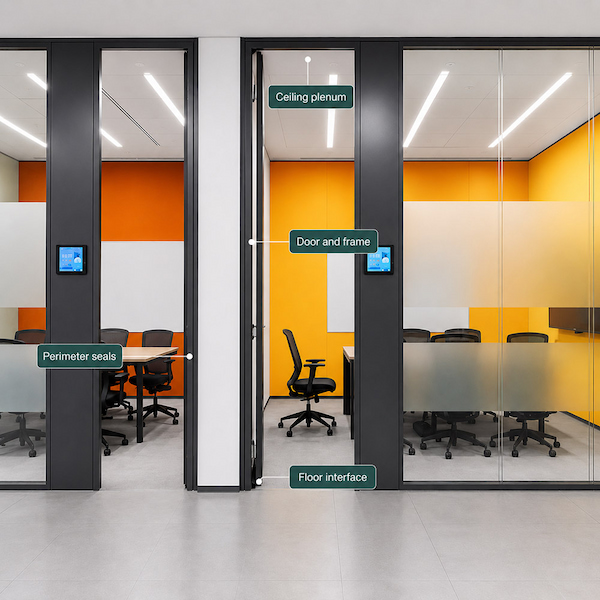 complete glass wall with marked door frame perimeter seals ceiling plenum and floor interface for leakage path review