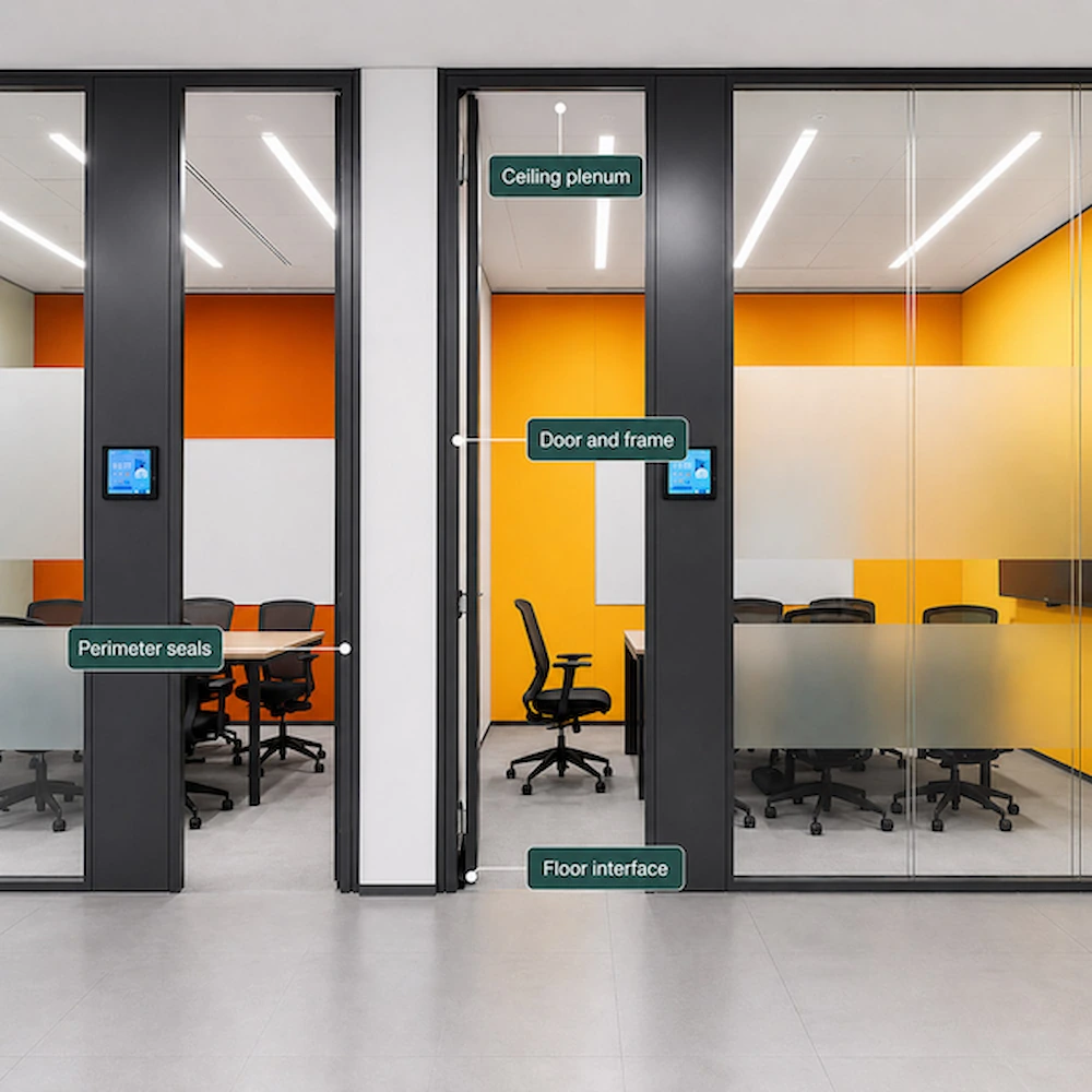 complete glass wall with marked door frame perimeter seals ceiling plenum and floor interface for leakage path review