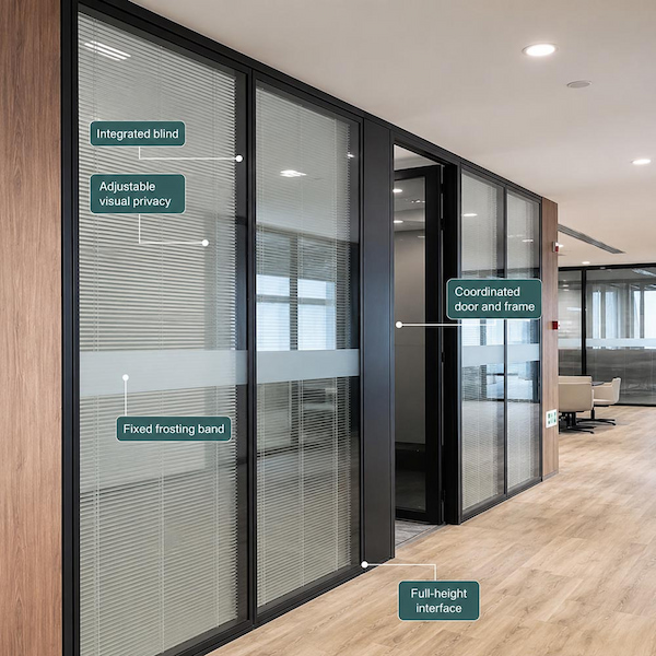 integrated blind glass partition with adjustable visual privacy fixed frosting band full height interface and coordinated door frame