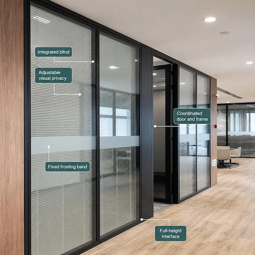 integrated blind glass partition with adjustable visual privacy fixed frosting band full height interface and coordinated door frame