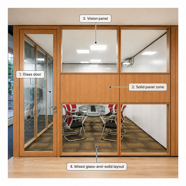 mixed glass and solid office wall layout with glass door vision panel solid panel zone and mixed glass and solid configuration
