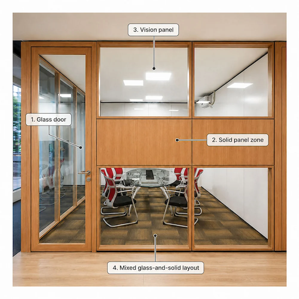 mixed glass and solid office wall layout with glass door vision panel solid panel zone and mixed glass and solid configuration