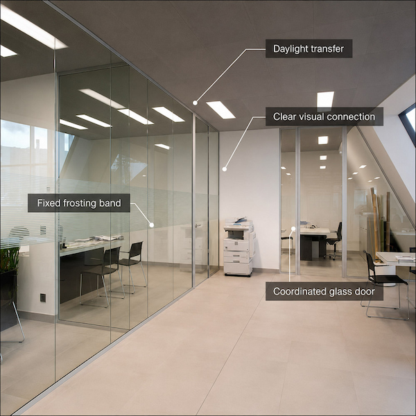 single glazed glass office partition with daylight transfer clear visual connection fixed frosting band and coordinated glass door