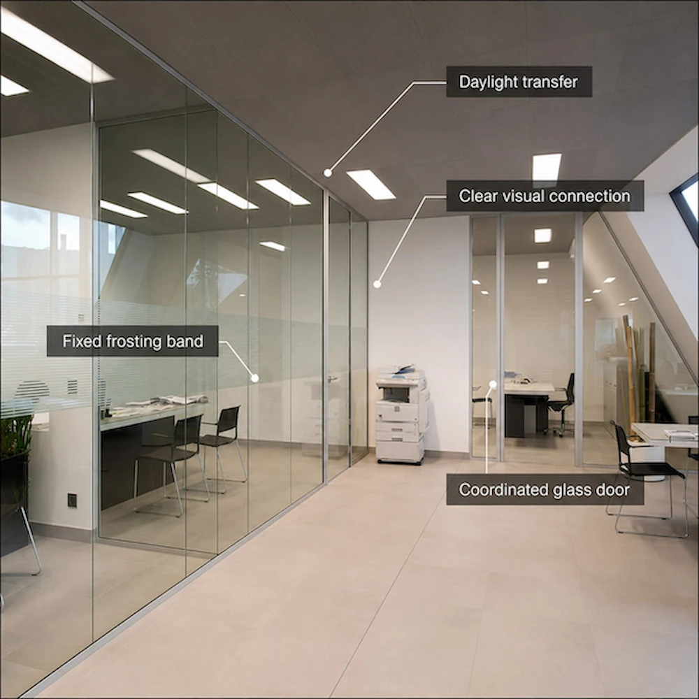 single glazed glass office partition with daylight transfer clear visual connection fixed frosting band and coordinated glass door