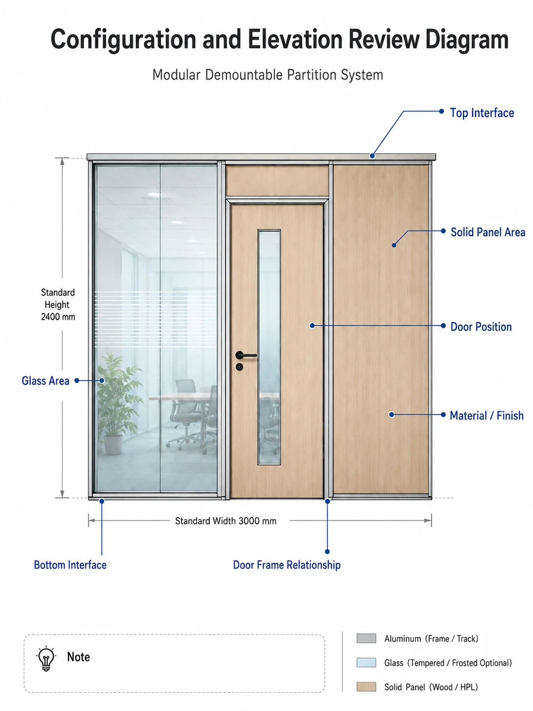 solid wooden panel and glass panel in demountable wall partition