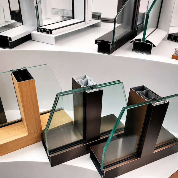 display samples of glass partition frames and glazing configurations in black silver and wood finishes