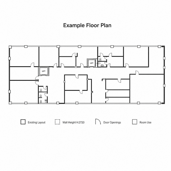 example office floor plan used to identify room functions wall positions and door openings for partition review