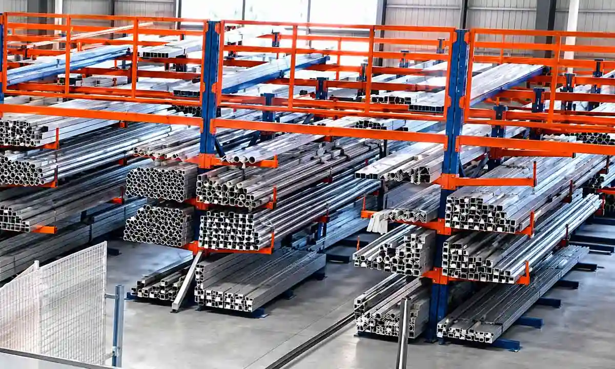 aluminium profiles and components stored for desk frame production