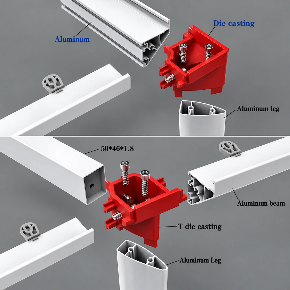 Pauer aluminium frame structure with 6063 aluminium legs beams and die cast connectors