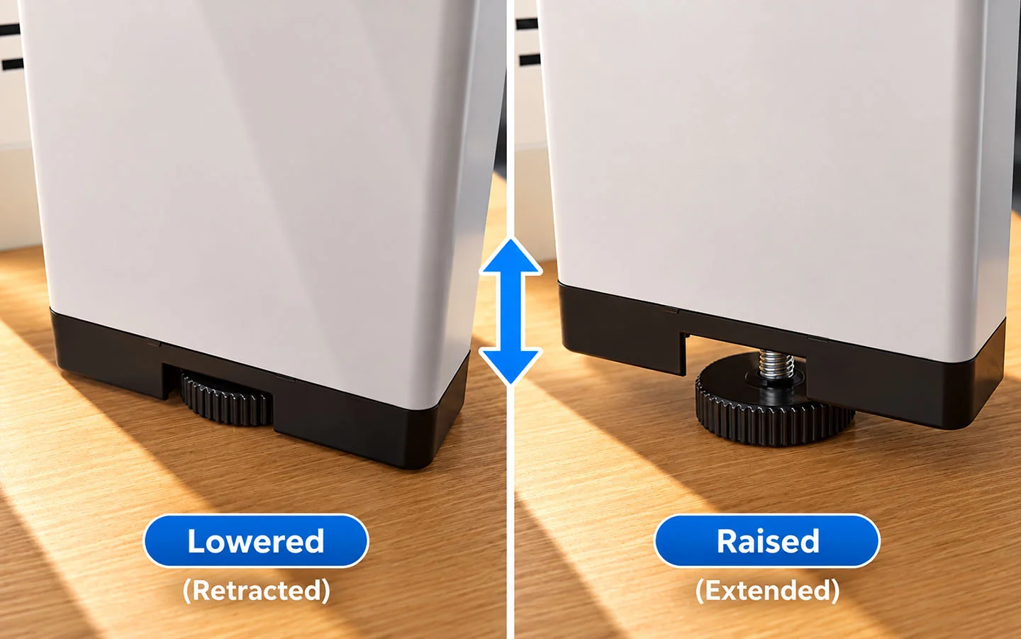 desk frame leveling feet showing lowered and raised positions