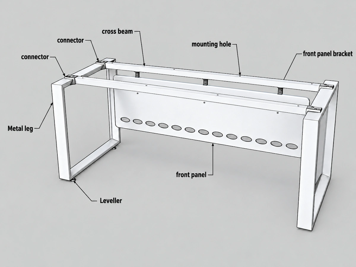 desk frame components and connection points overview showing legs beams connectors mounting points and accessories