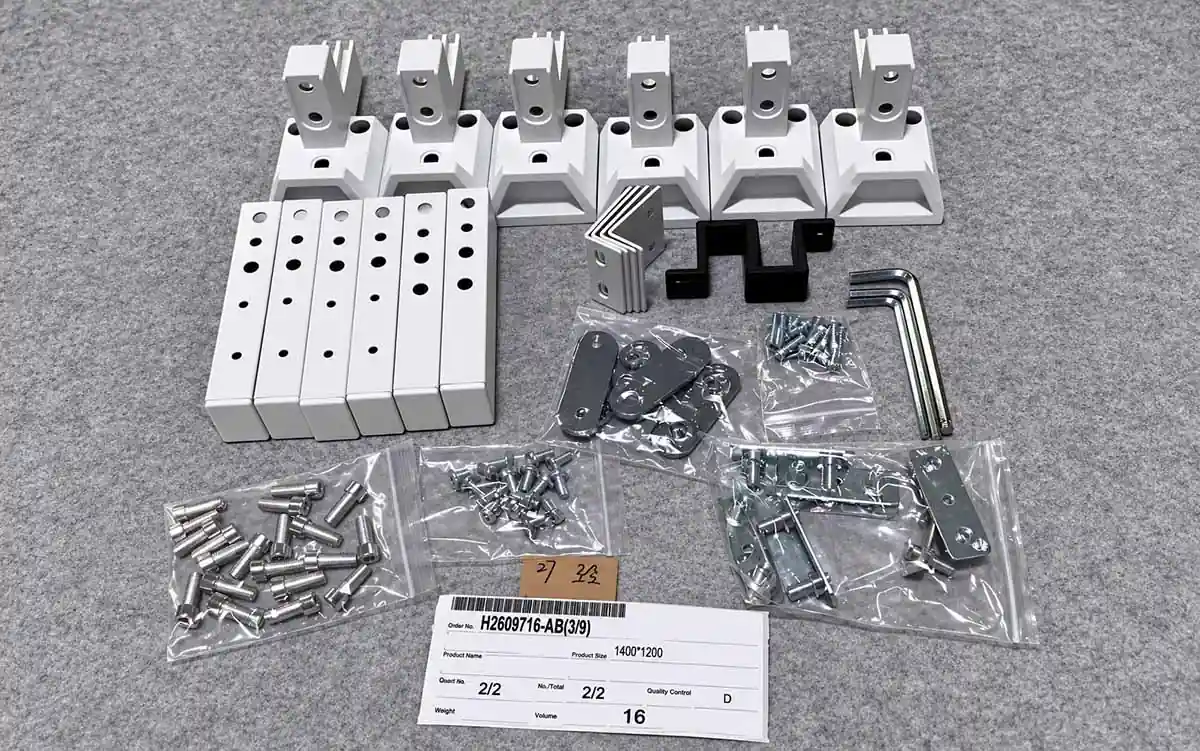 pre-shipment component records showing grouped desk frame components and hardware before shipment