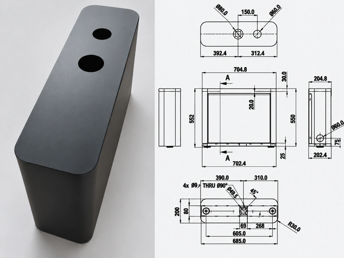 custom desk frame component and technical drawings for product-specific OEM and ODM development