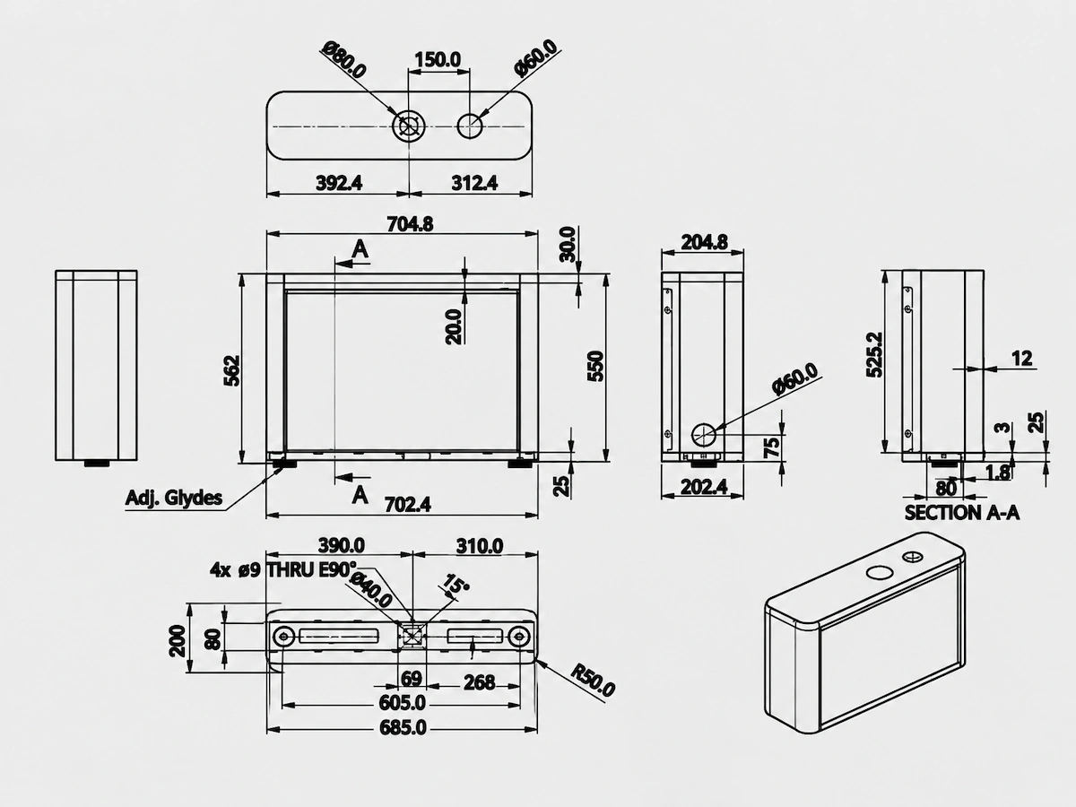 technical drawing showing desk frame dimensions and component details