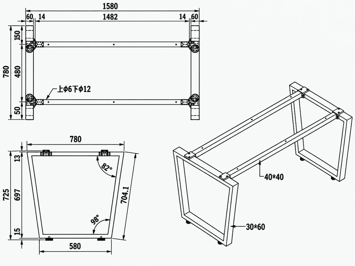 d360 loop leg product image and technical dimension drawings