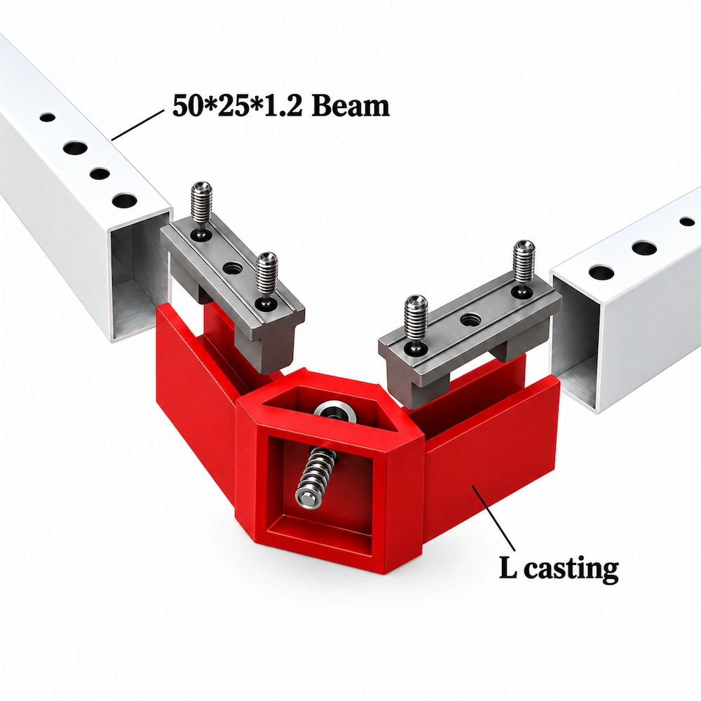 die-cast l-connector joining 50 × 25 × 1.2 mm steel beams in a table base frame