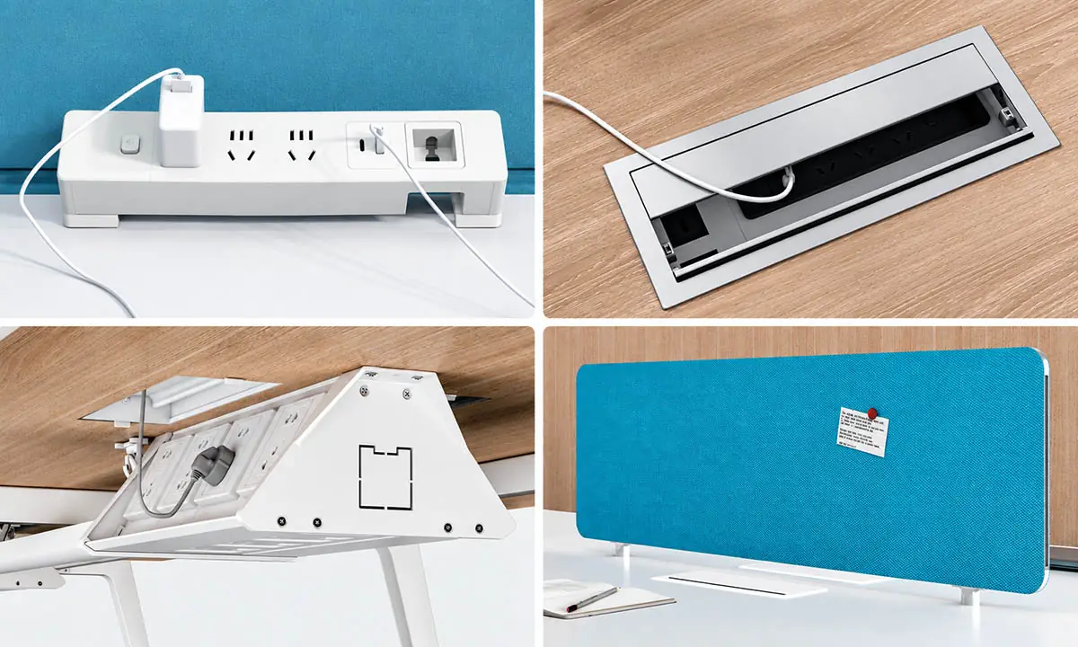 office table accessories including power modules, cable management, and desk screens