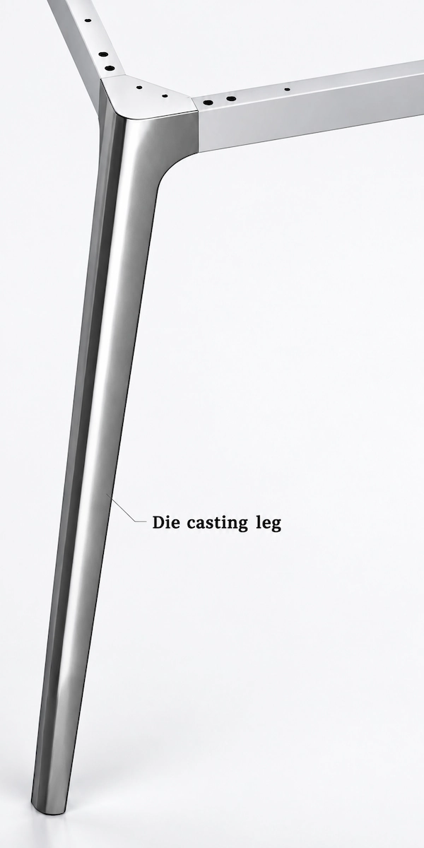 warren die-cast table leg with integrated l-connector and steel beam connection