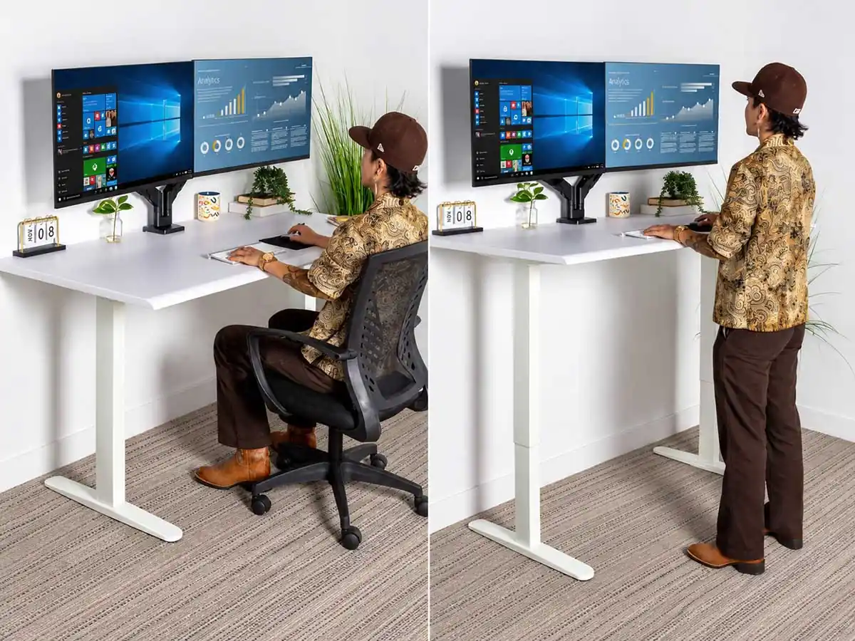 height-adjustable desk frames showing seated and standing working-height adjustment