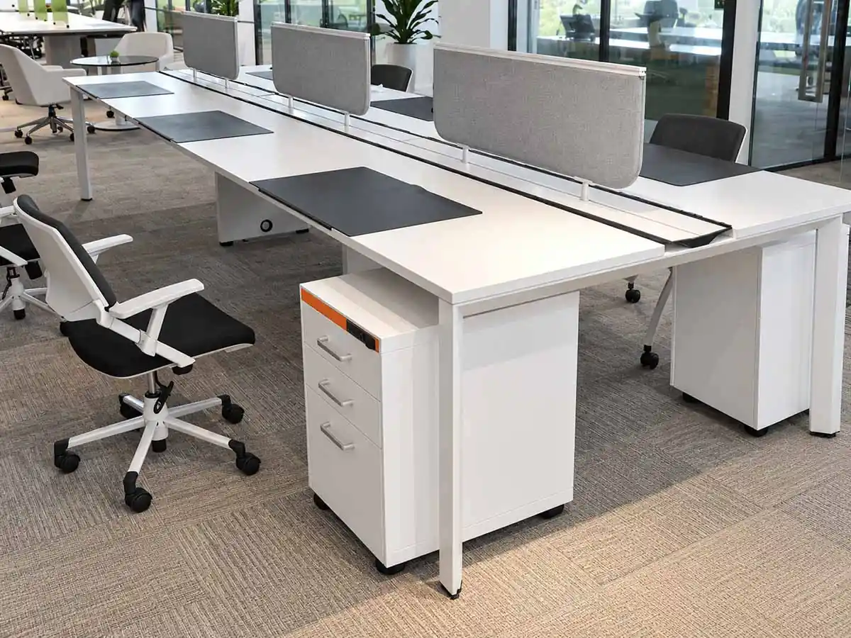 office workstations and benching using fixed-height desk frames