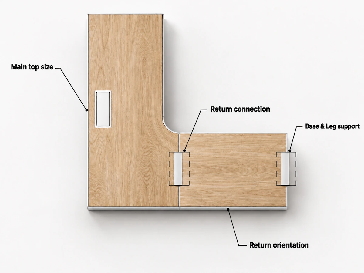 l shaped workstation planning diagram showing main top size return connection base and leg support and return orientation