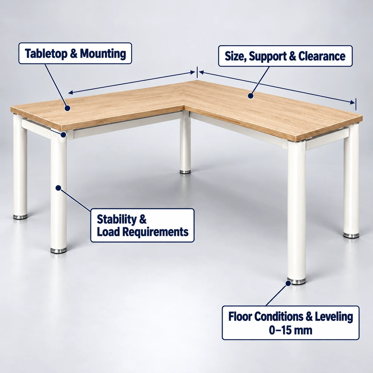 l shaped workstation technical review showing tabletop mounting support clearance stability load and leveling requirements