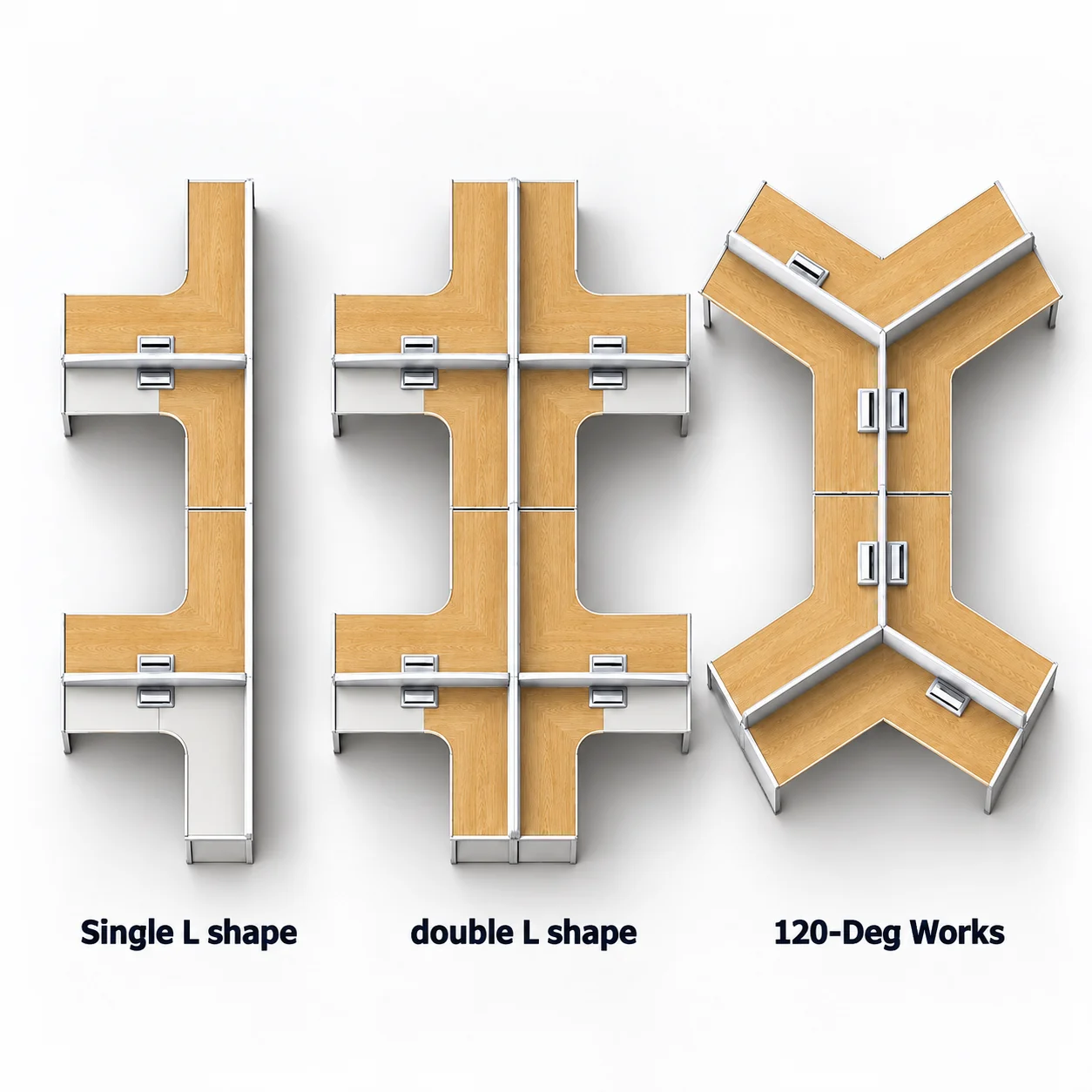 single and double l shaped workstation layouts with 120 degree workstation configuration