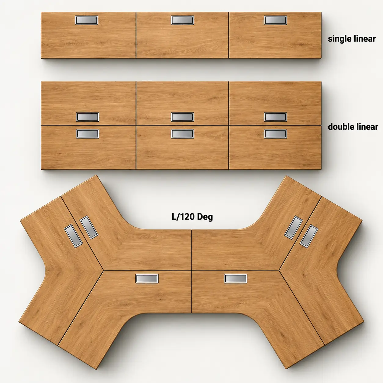 linear workstation layouts showing single sided double linear and L shaped 120 degree configurations