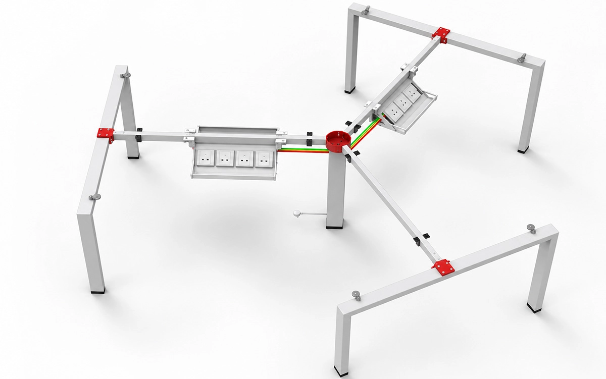 d360 workstation frame showing cross beam positions and desk accessories