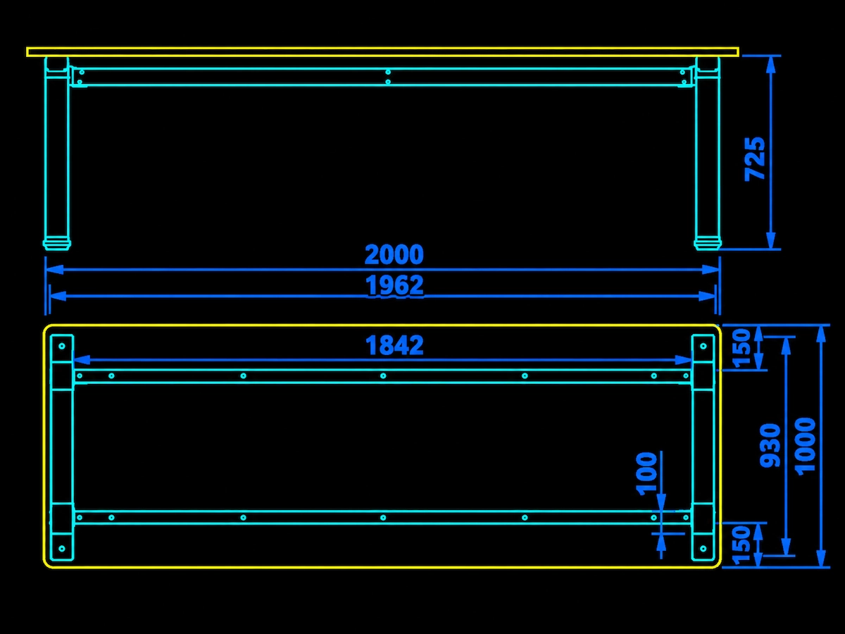 d360 dimension drawing showing desk frame dimensions and views
