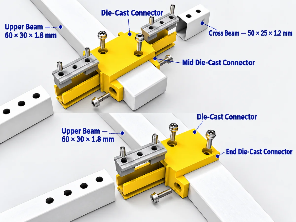 d360 cross beam connector types showing end and mid die cast connectors