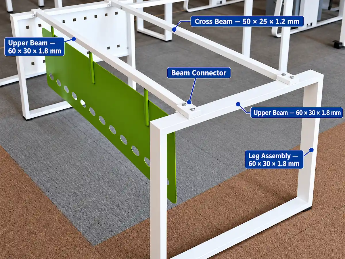 d360 desk frame anatomy showing leg assembly upper beam cross beam and beam connector