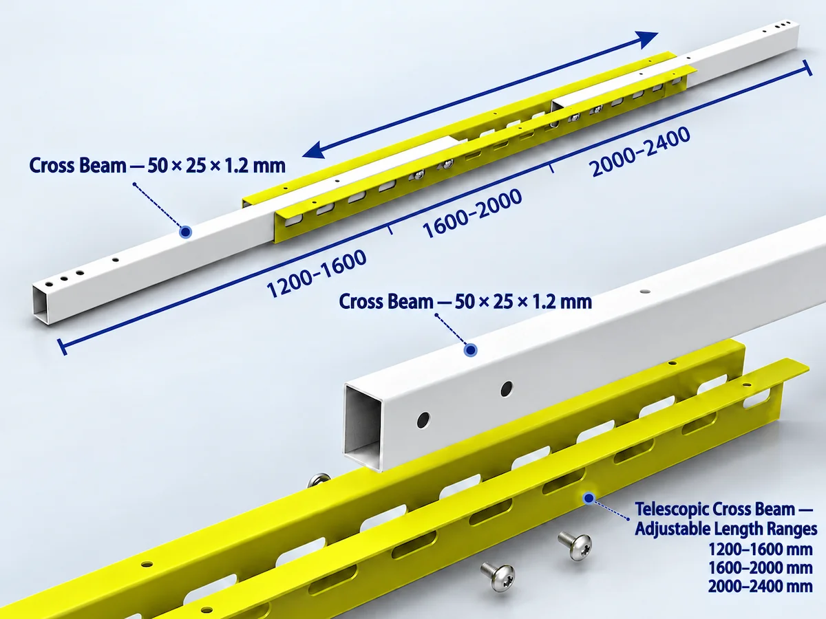 d360 fixed and telescopic cross beam options with adjustable length ranges