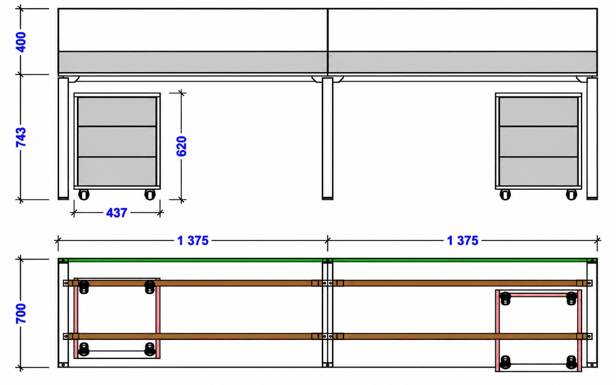 d360 desk frame drawing showing desktop height and mobile pedestal clearance