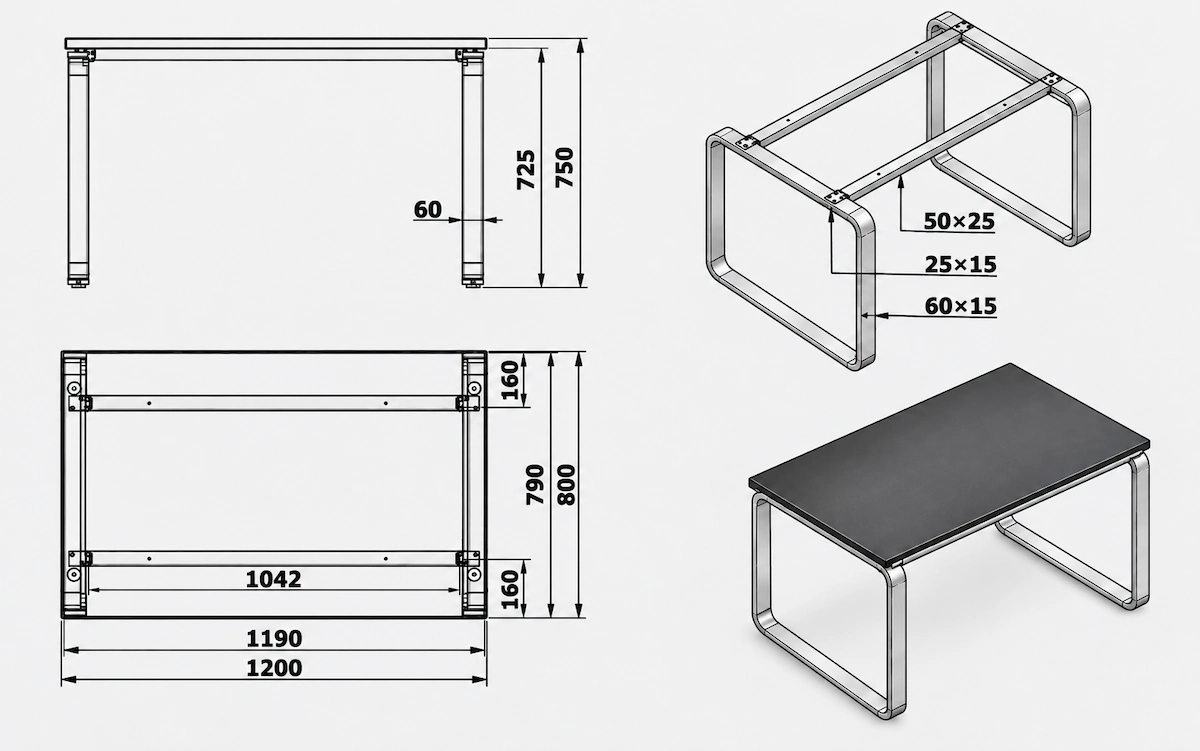 d360 desk frame dimensions and cross beam span drawing for large tabletops