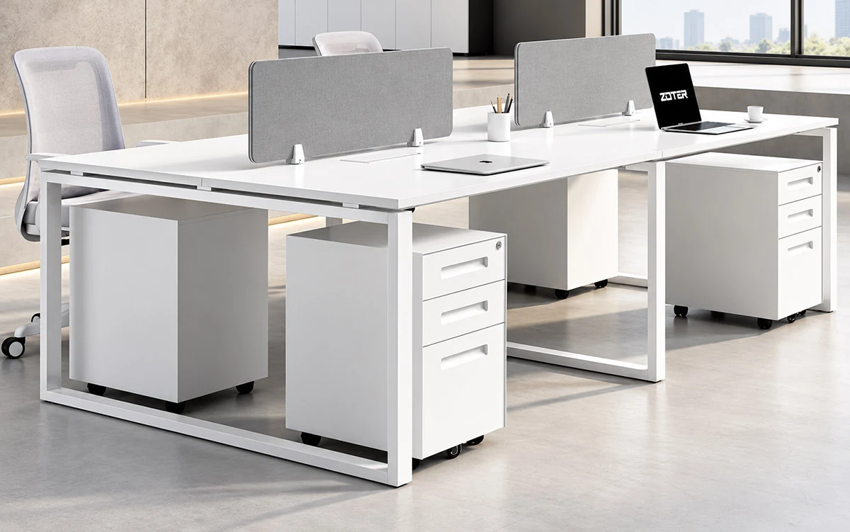 d360 linear office workstations with white desk frames and privacy screens