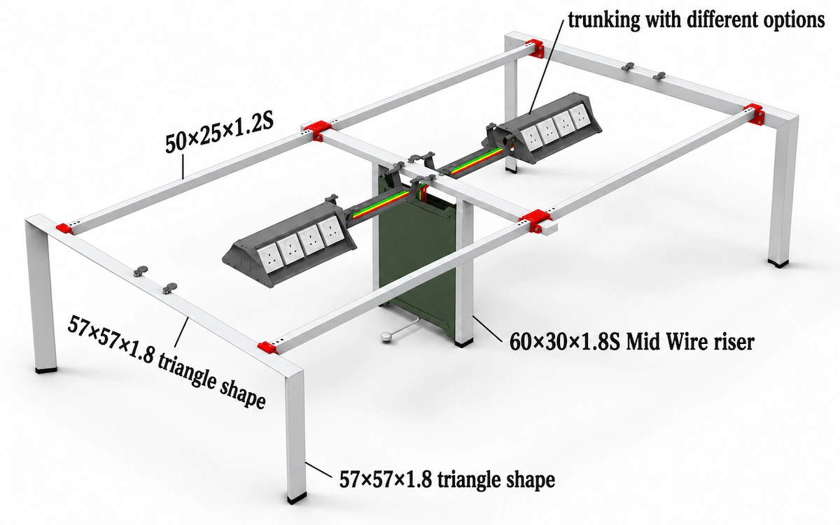 d557 desk frame showing profiled steel legs upper beams cross beams and central wire riser