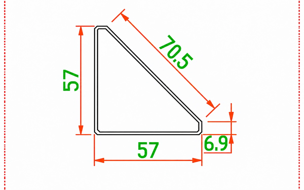 d557 steel leg profile and section drawing showing cross sectional dimensions