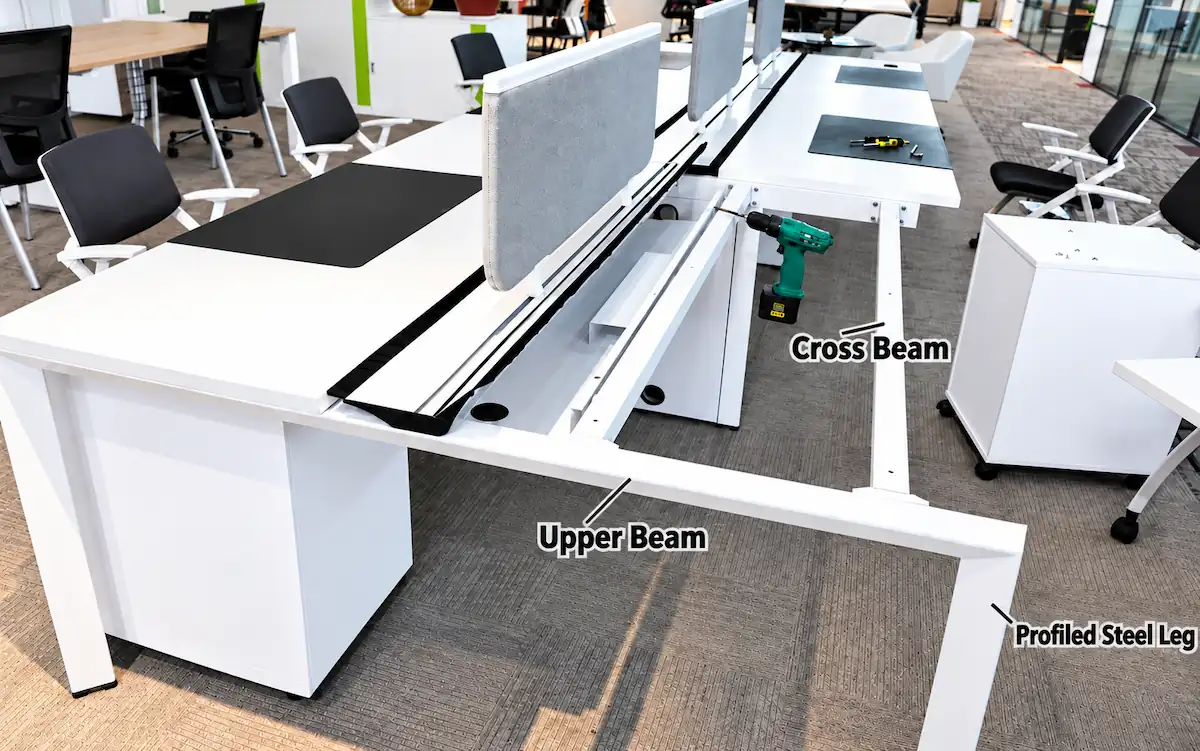 d557 office workstation frame showing profiled steel legs upper beams and cross beams