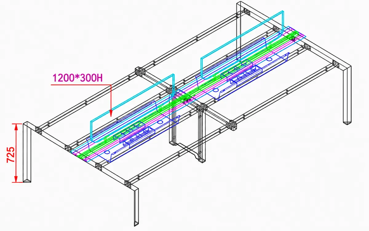 d557 workstation configuration drawing showing frame supports cable routing and dimensions