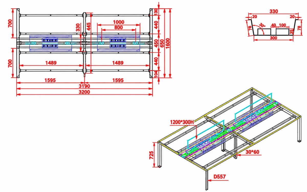 d557 cad drawings showing desk and workstation frame layouts and component positions