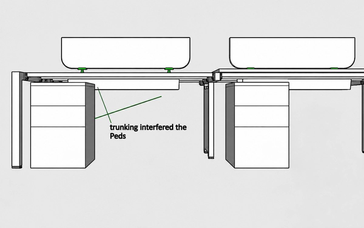 d557 workstation drawing showing support positions and mobile pedestal clearance