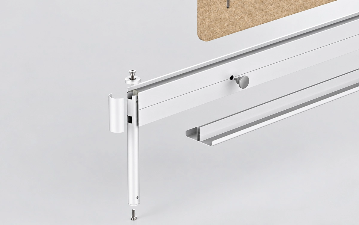 uno desk screen construction and mounting connection to the workstation frame