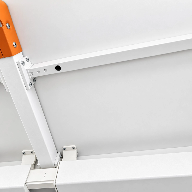 uno formed steel desk frame showing beam leg and tabletop connection details