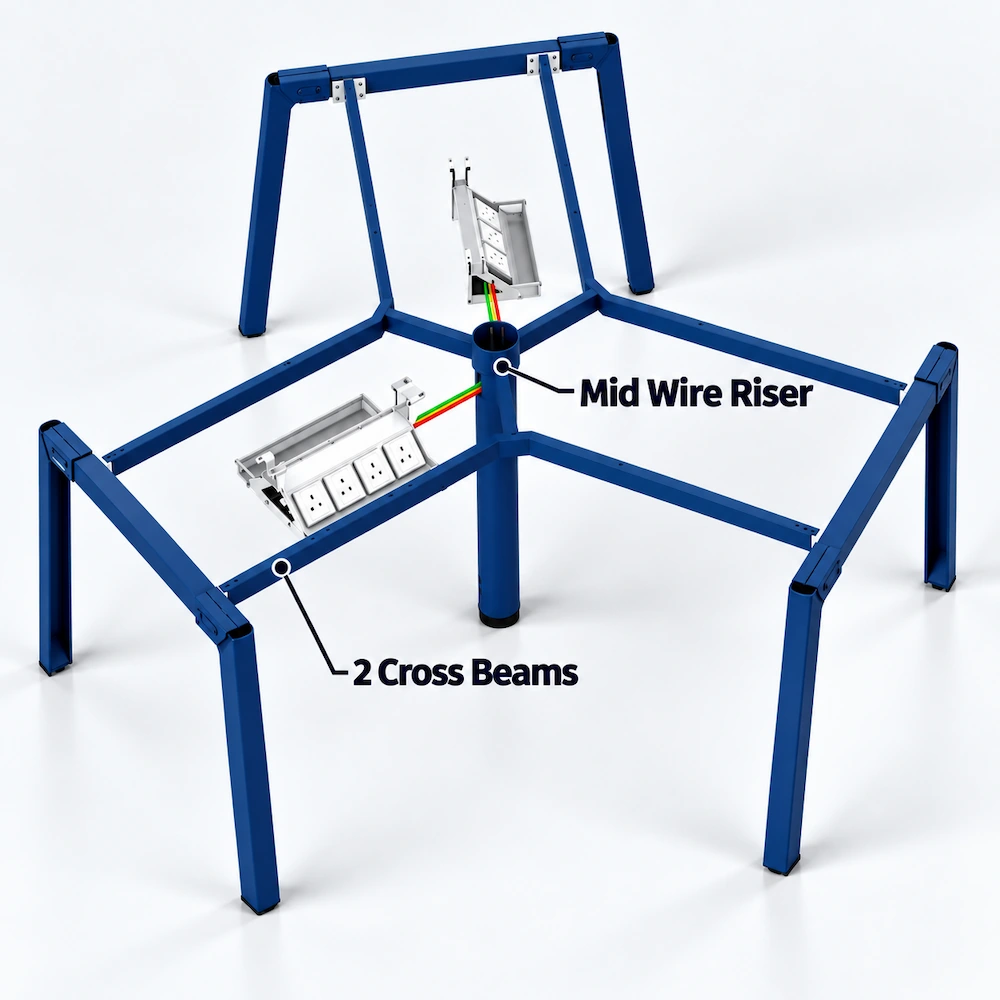 uno 120 degree workstation frame showing central wire riser and cross beams