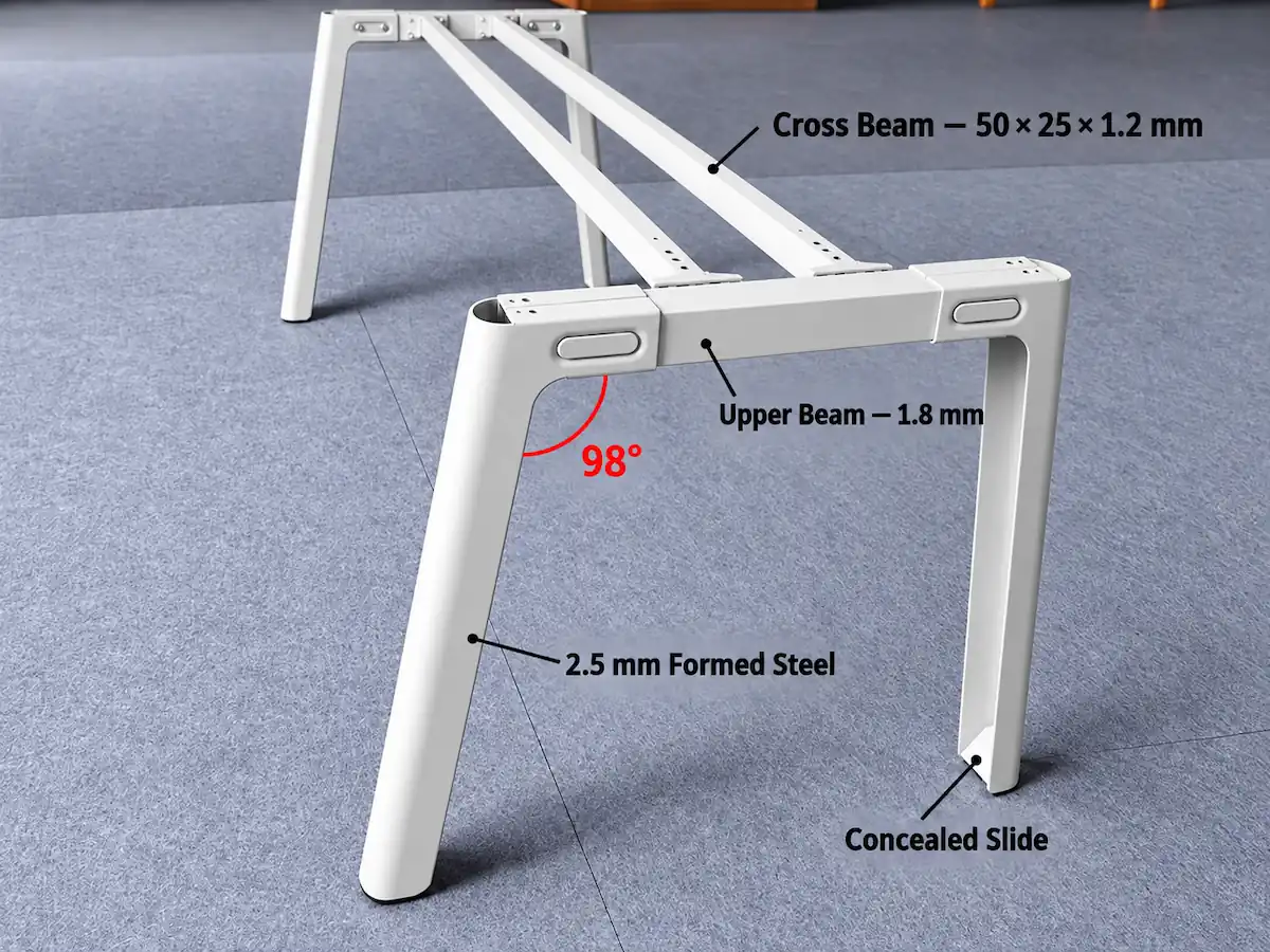 uno formed steel desk frame with 98 degree slanted legs and cross beam
