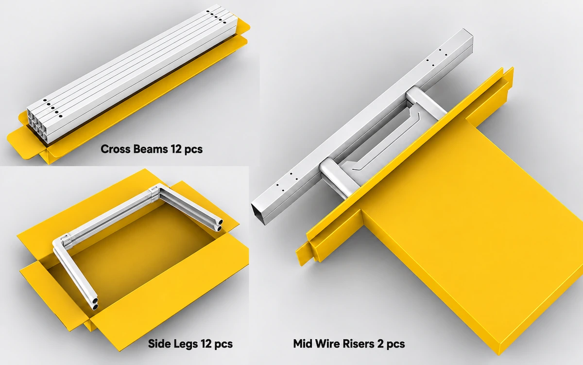 uno knock down desk frame components packed separately including side legs cross beams and mid wire risers
