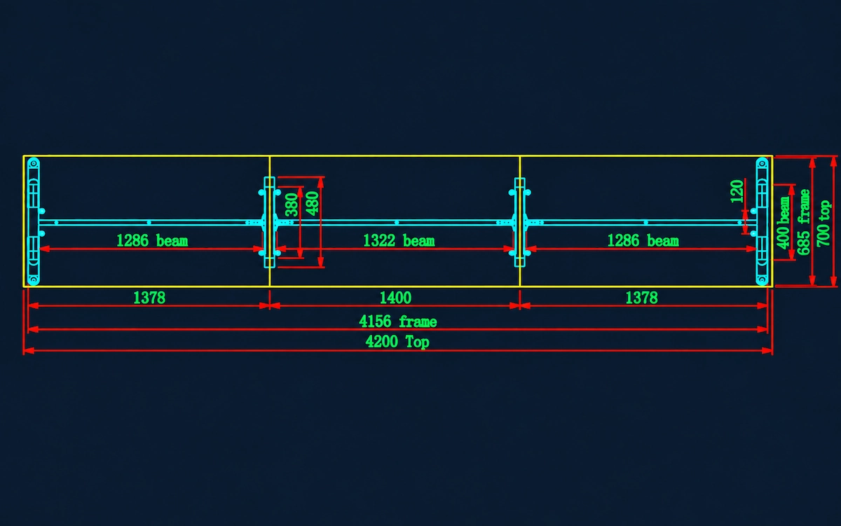 uno dimension drawing showing frame dimensions legs beams and workstation configuration