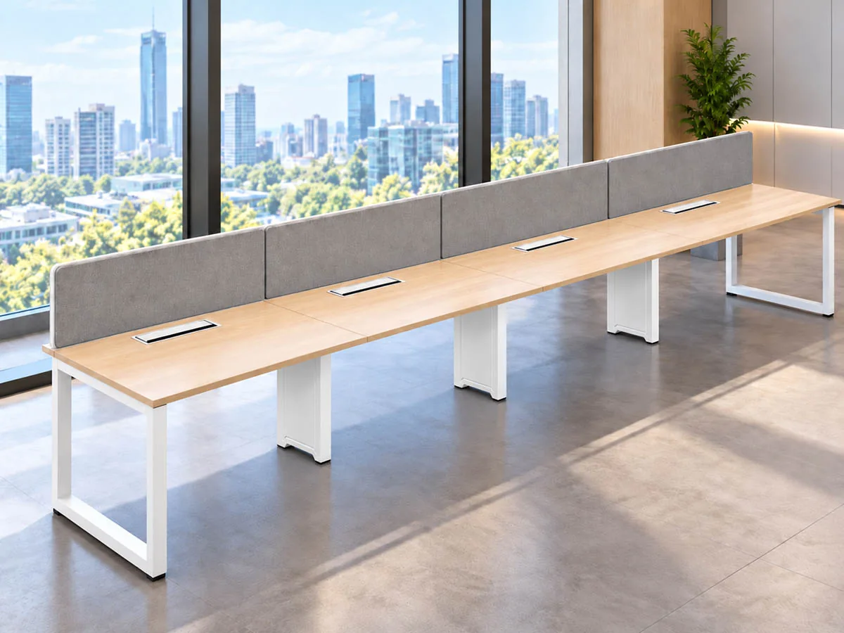linear office workstation layout with multiple work positions