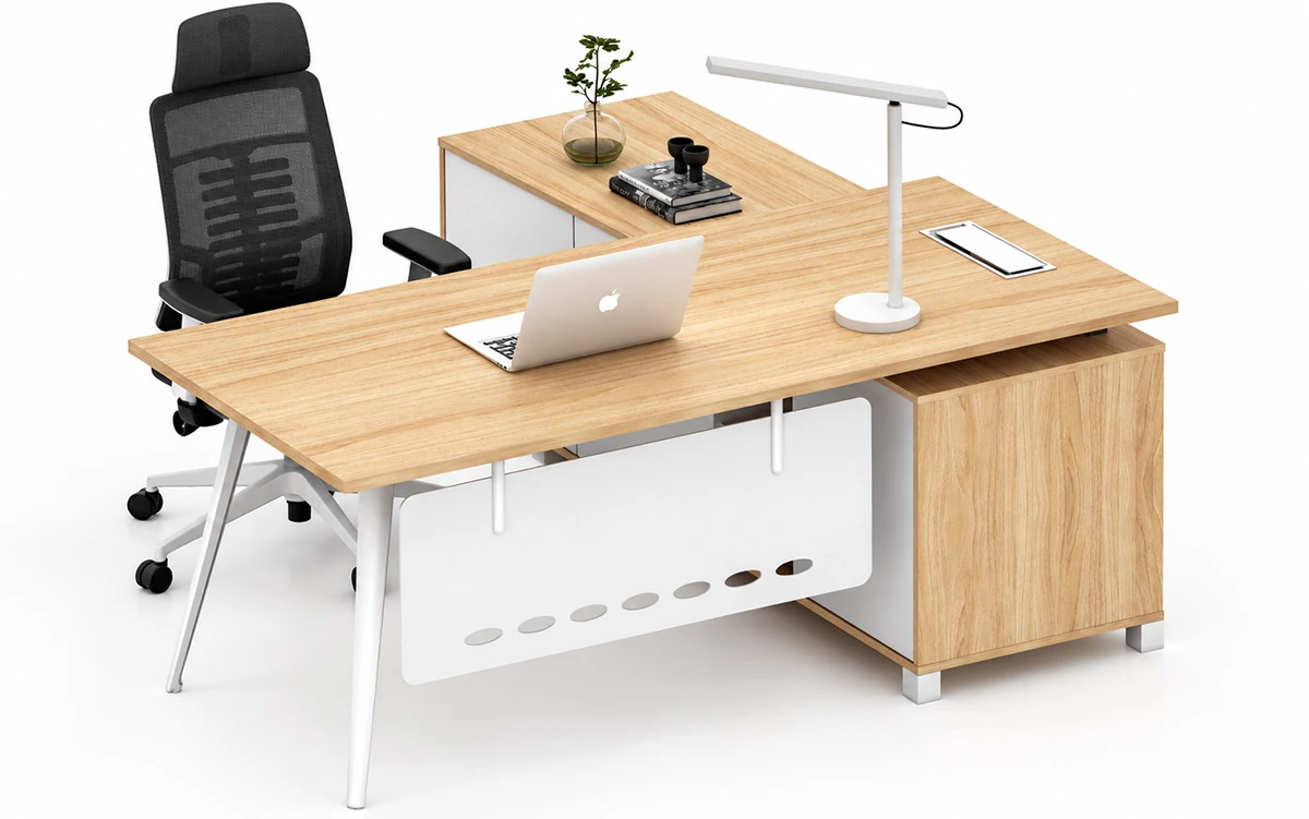 3d visualization of a warren l desk in a planned office setting